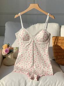 Comfortcana Women's Elegant Summer White And Pink Floral Lace Trim Built-In Bra Jumpsuit,Soft Knit Graphic Lounge Romper For Beach Vacation,Party & Home Leisure - Multicolor - View 3