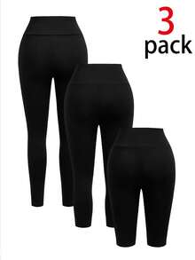 SHEIN SXY 3pcs/Set Casual Sports Daily Commute Simple Versatile Solid Black Leggings, 3 Lengths: Capri/7/8 Length/Full Length - Black - View 2