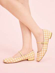 CUCCOO DOLLMOD Zapatos de mujer de punta cuadrada plana tipo Mary Jane a cuadros, estilo campus, tacón bajo lindo, zapatos de primavera color rojo para primavera, vacaciones de primavera y Pascua - Naranja Quemada - Ver 5