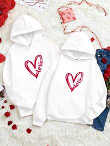 Manfinity Homme Men's Casual Hoodie With Letter & Heart Pattern, Versatile For Dating And Outings, Long Sleeve - White - View 3
