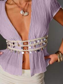 TRNVIE 夏季杏色休闲度假女式轻薄纹理贝壳装饰深V修身沙滩休闲百搭荷叶边短袖衬衫 - 淡紫色 - 查看 4