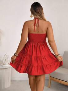 Ceyna Boho röd halterneckklänning med volang och lager på lager för kvinnor för semestern - Röd - Visa 2