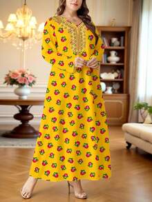 SHEIN Najma Đầm maxi dài tay cổ chữ V kiểu Ả Rập thanh lịch dành cho nữ cỡ lớn, in họa tiết hoa, thực vật và hình học; Áo Kaftan mùa xuân/thu cho nữ; Đầm châu Phi cho nữ; Đầm Ankara châu Phi; Áo Kurti cho nữ; 100 mẫu đầm cho nữ. - Nhiều màu - Xem 4