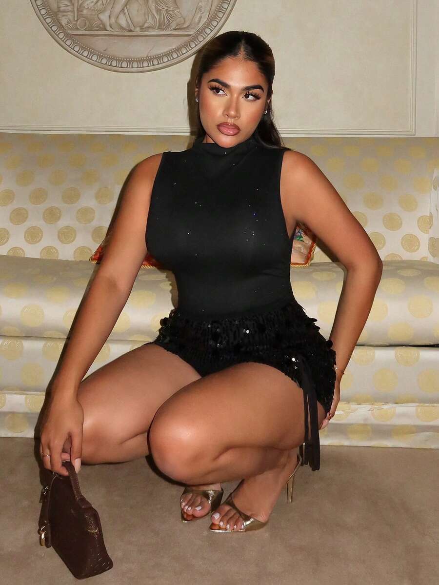 Maria Perezxox 性感优雅女式闪光不对称下摆弹力针织背心 - 黑色 - 查看 1