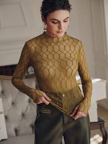 Anewsta 女士性感优雅菱形纹理薄纱长袖上衣，适合派对、约会、春季穿着 - 黃色 - 查看 4