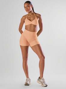Musera Sport Solid Ruched Bust Open Back Halter Sports Bra, Active Comfy Workout Gym Running Run Club,Padel, Tennis, Pickleball Gym Fitness - Coral Orange - View 3