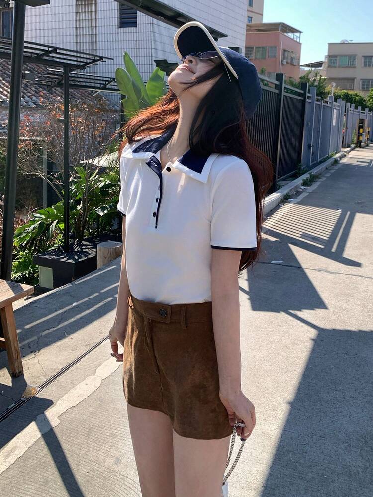 Women's White & Navy Contrast Color Polo Collar Short Sleeve T-Shirt, Slim Fit Casual Top For Summer