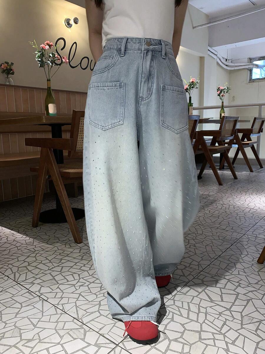 DAZY 女士宽松水钻装饰水洗牛仔裤 - 藍色 - 查看 1