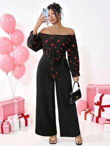Elenzga Casual Plus Size Off The Shoulder Long Jumpsuit With Heart Print Three Quarter Length Sleeves And Belted Detail - Multicolor - View 3