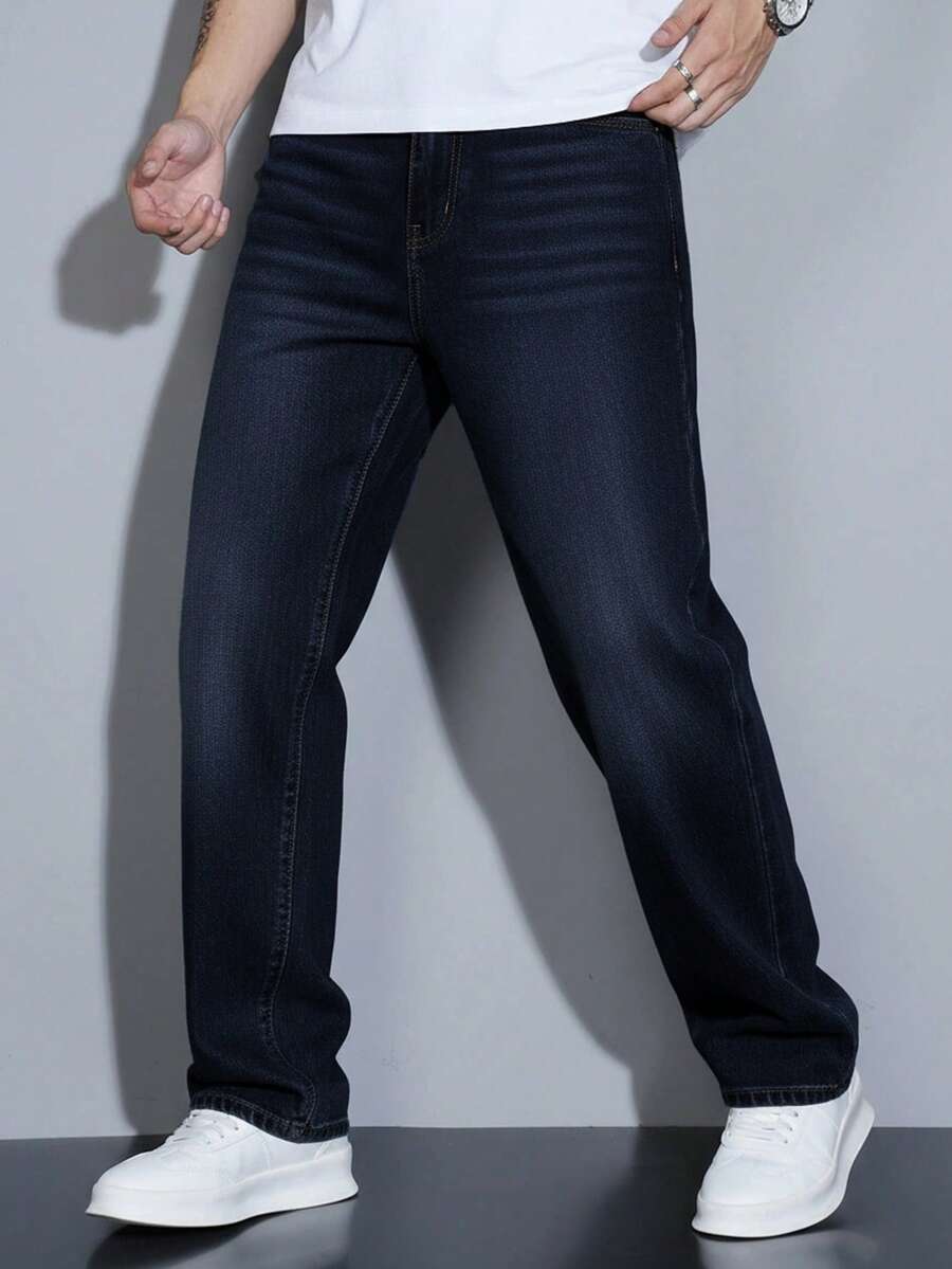 Manfinity Homme Quần jeans nam ống đứng dáng rộng thoải mái có túi - Rửa tối - Xem 1