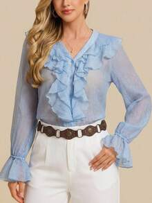 Amorya Áo kiểu nữ mùa xuân mới thanh lịch cổ chữ V tay dài viền bèo nhún chất liệu vải dệt họa tiết màu xanh tươi mát thoải mái, trang phục lễ hội, trang phục ngày Valentine, trang phục đi biển mùa hè, áo kiểu nữ thời trang. - Màu xanh lam - Xem 3