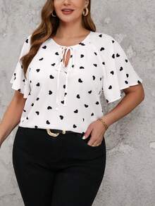 Reflora Plus Size Ruffle Heart Print Twist Collar Summer Shirt - Apricot - View 6