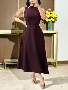 Feyla Women's Solid Color Sleeveless Elegant Bud Design Waist Midi Dress Burgundy Dress Plum Dress Elegant Midi Dress Wine Dress - Burgundy - View 4