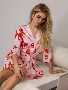 HautHeat Women's Bow Print Sleepwear Robe - Pink - View 1