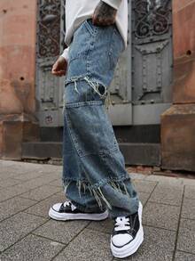 Artur Kramer Jeans décontractés pour hommes au style grunge goth Y2K, avec franges, décontractés et amples, jambes larges et droites, polyvalents - Bleu azur - Voir 7