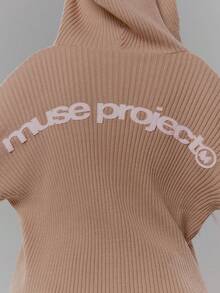 MUSERA Ribbed Knit Graphic Detail Zip Through Cardigan Hoodie Streetwear Coolgirl Winter Sexy Casual Odd Drift - Khaki - View 6