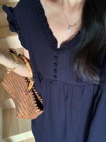 FRIFUL 女士纯色前扣无袖褶皱休闲连衣裙夏季吊带裙 - 藏蓝色 - 查看 4