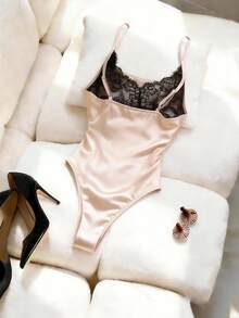 GlowEve Women's Elegant Bodysuit With Contrast Lace Design, Ideal For Parties And Outings - Champagne - View 2