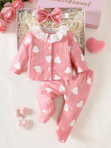 SHEIN 3件套女婴可爱甜美圆领蕾丝边长袖上衣+裤子+发带套装，粉色条纹樱桃印花图案，婴儿女童套装，休闲、舒适、时尚、简约、实用、多功能、柔软舒适的服装，适合作为礼物，每个宝宝的必备单品，四季皆宜，适合户外活动 - 珊瑚粉 - 查看 8