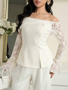Modelyn Conjunto elegante de top hombros descubiertos y pantalones con aplicaciones de encaje - Albaricoque - Ver 4