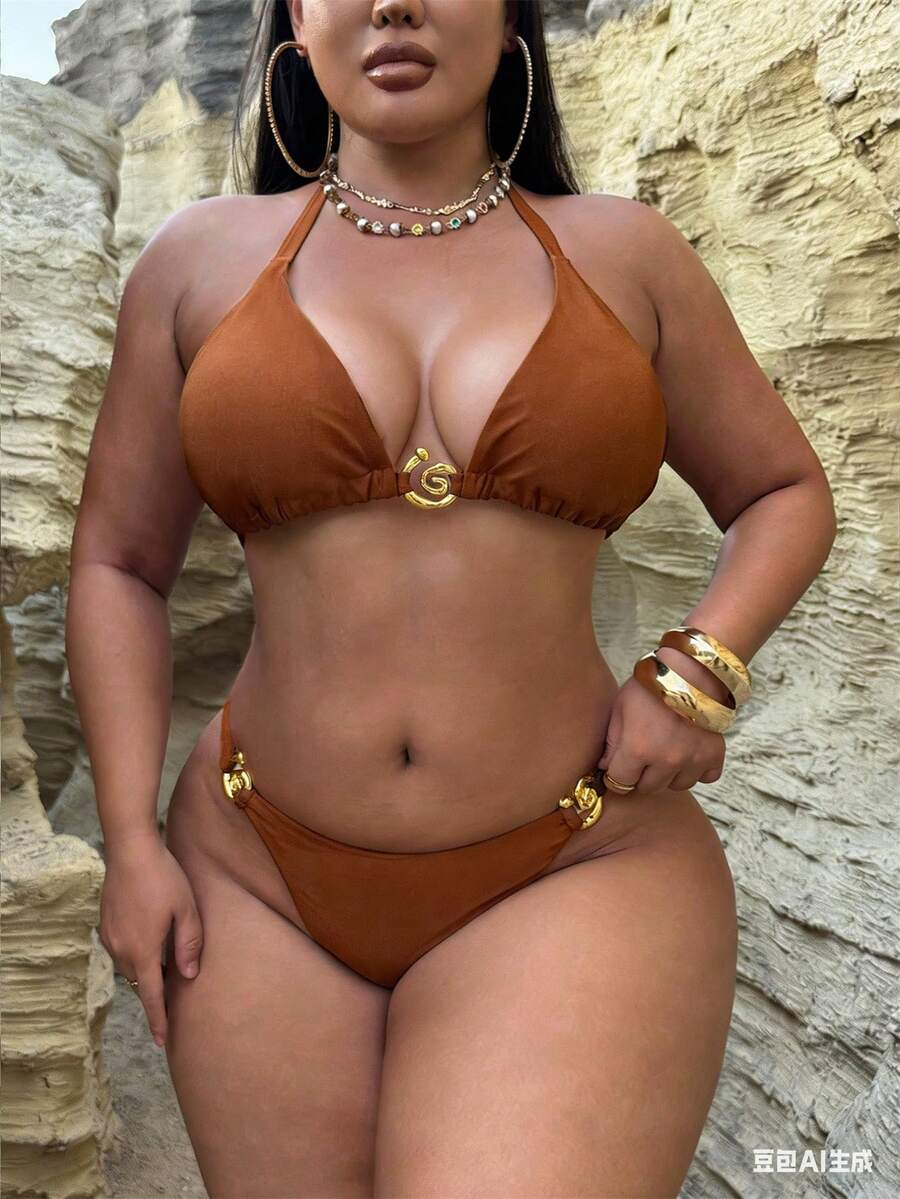 Swim SXY 大码女士露背闪亮纯色螺旋装饰吊带泳衣套装