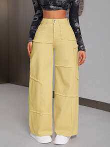 SHEIN Tall Quần jeans nữ ống rộng cạp cao, gấu quần rách, dáng rộng thoải mái, phong cách thường ngày. - Màu vàng - Xem 3