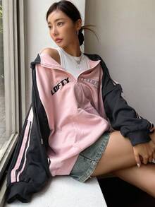Dazy Star 女士时尚拼色印花长袖连帽衫，秋季服装拉链运动衫 - 粉色 - 查看 4