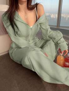 DAZY 2pcs Women Casual Zipper Front Jacket And Wide Leg Pants Set, Spring Summer Hoodie Lounge Sets For Women - Mint Green - View 5