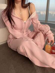 DAZY Solid Zip Up Hooded Sweatshirt & Sweatpants,Women Two Pieces Sets Lounge Sets For Women