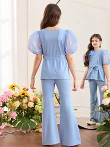 Tween Girls' Spring/Summer Casual Elegant 3D Floral Patchwork Organza Puff Sleeve A-Line Top & Matching Flare Leg Pants Set - Red - View 3