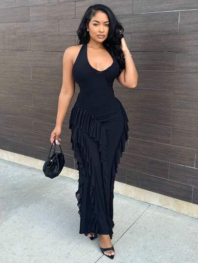 Alexandranx 优雅分层荷叶边露背吊带连衣裙，适合约会、夜总会派对、活动、秋季