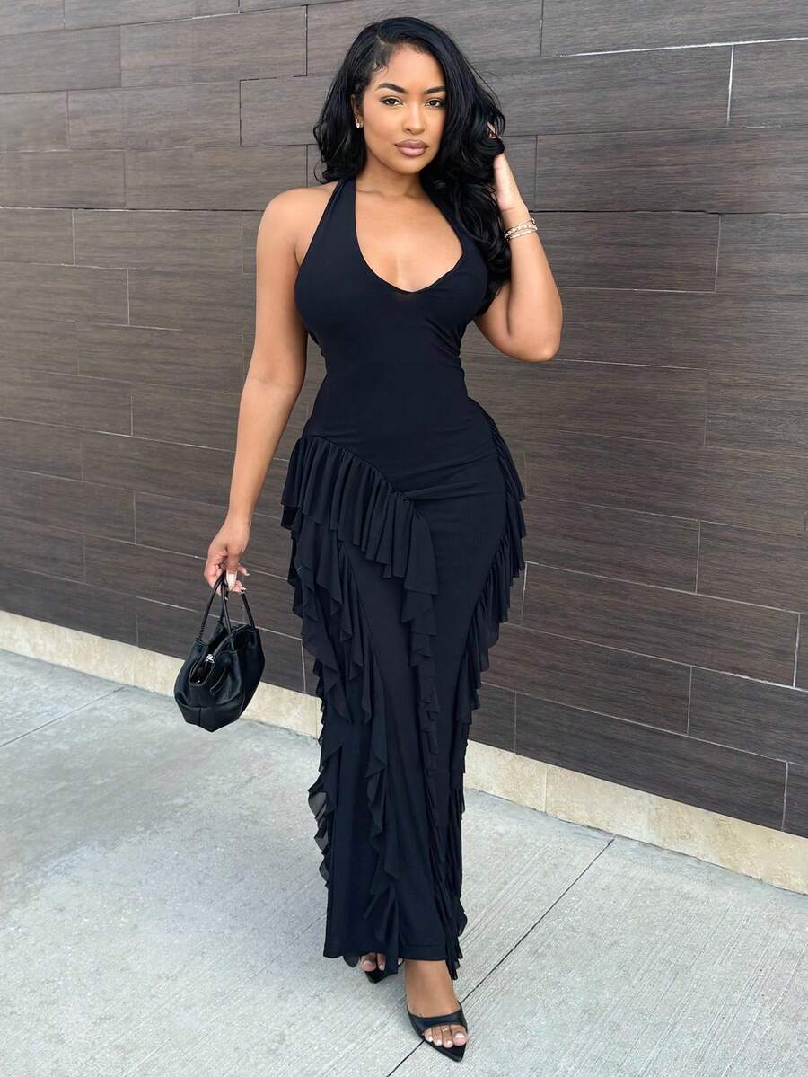 Alexandranx 优雅分层荷叶边露背吊带连衣裙，适合约会、夜总会派对、活动、秋季 - 黑色 - 查看 1