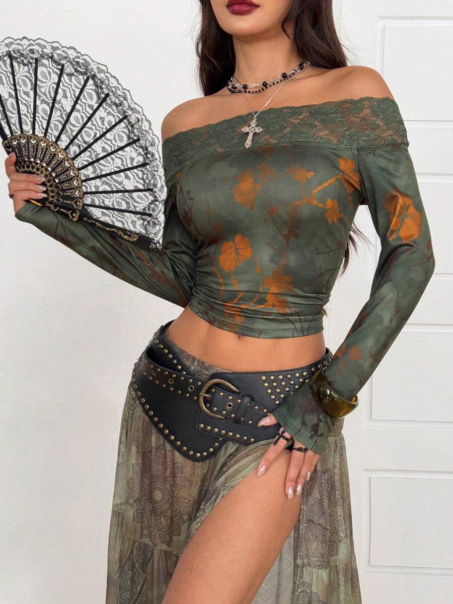 Coolane Camiseta corta de manga larga con hombros descubiertos, estampado floral y encaje de contraste para mujer - Multicolor - Ver 1