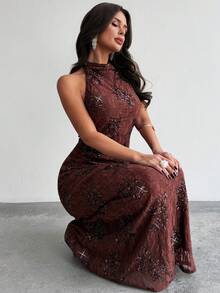 Firerie Women's Elegant Minimalist Exquisite Romantic Embellished Holiday Party Valentine's Day Date Wedding Guest Birthday Evening Dress, Bohemian Lace Sequin Backless Bodycon Brown Long Dress - Brown - View 5