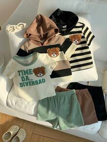 SHEIN 6件套男女宝宝夏季休闲可爱条纹小熊图案连帽T恤和松紧腰短裤套装，百搭装 - 彩色 - 查看 8