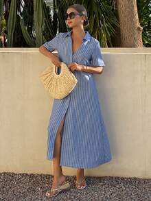 DAZY Women's Casual Striped Shirt Dress With Belt, Spring/Summer Wedding Guest Dress - Blue - View 5