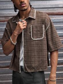 AXEPEAK Men's Plaid Collar Pocket Single-Breasted Casual Versatile Commuting Short Sleeve Shirt - Coffee Brown - View 1