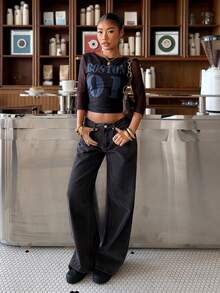 Muchica Women's Black Mesh Fabric Numeric Pattern Tight Fit 3/4 Sleeve T-Shirt, Reversible Front And Back - Black - View 3