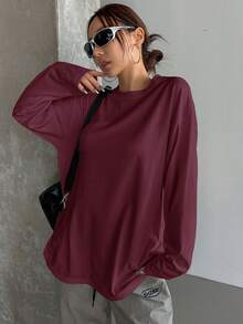 DAZY Women Solid Color Round Neck Loose Long Sleeve Long T-Shirt,Fall Clothes - Red - View 5