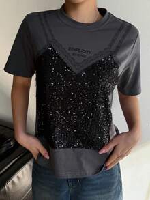 DAZY 女士亮片拼接宽松圆领短袖T恤 新年嘉年华 - 深灰色 - 查看 8