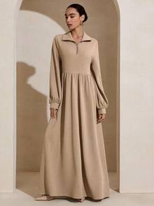 Graceveil Đầm nữ màu trơn cổ bẻ, khóa kéo, cài khuy nửa thân, tay phồng, kiểu dáng thường ngày, thích hợp cho tiệc tùng. - Màu Khaki - Xem 5