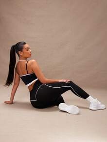 Lumalex 1pc Black & White Contrast Stripe Pattern Cropped Workout Leggings Yoga Women Pants - Black and White - View 8