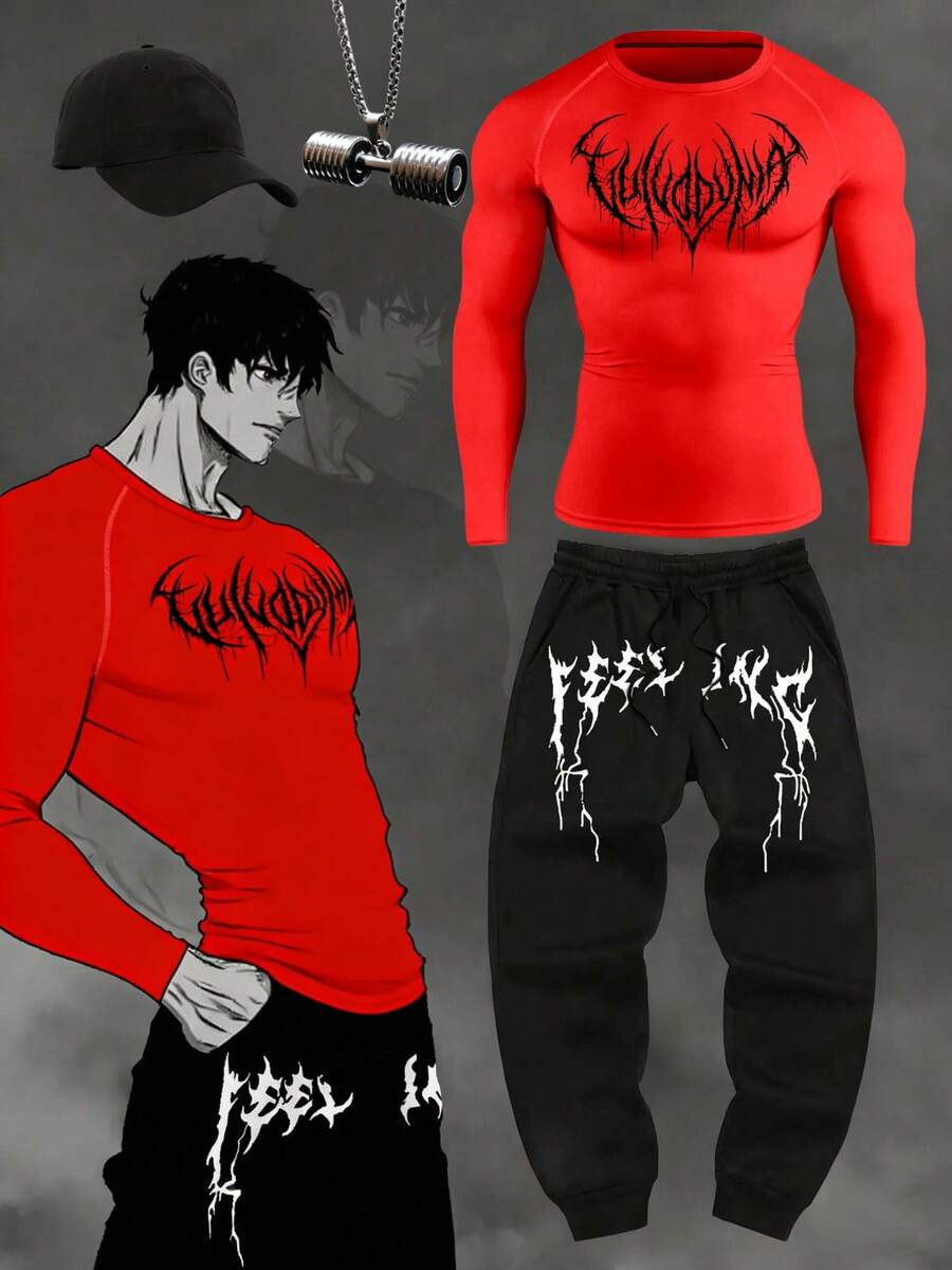 GymBeat 男士休闲印花插肩袖运动T恤和裤子套装，秋季 - 紅色 - 查看 1