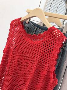 GlowEve CURVE 早春新款浪漫情人节时尚百搭透气3D立体花卉图案可爱红色爱心装饰镂空针织背心（女款） - 紅色 - 查看 5