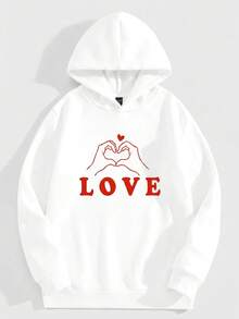 Manfinity Homme Áo hoodie nam dáng dài, họa tiết chữ và trái tim, đa năng cho hẹn hò và đi chơi, tay dài. - trắng - Xem 3