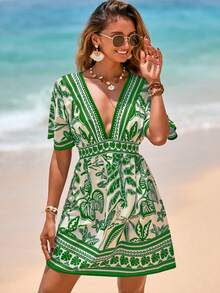 Swim Vcay Vestido Curto de Manga Curta com Decote em V e Cintura Marcada, Estampado, Capa para Praia para Primavera/Verão - Verde - Visão 3