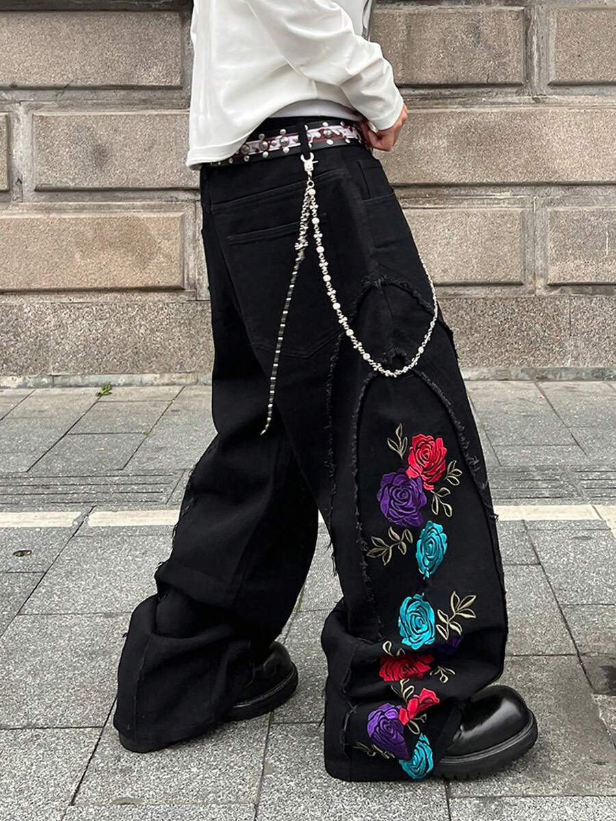 Manfinity Roghcode Street Style Niche Design Rose Embroidery Frayed Decor Loose Straight Leg Casual Jeans - Black - View 1
