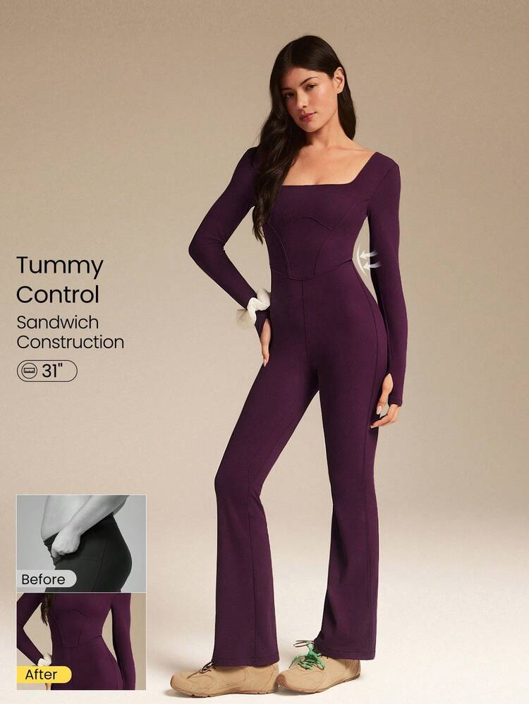 FeatherFit™-Air Sunproof Flare Free Lightweight Square Neck Open U Back Long Sleeve Flare Leg Bodysuit With Thumbholes Low Impact Daily Casual Wear Removable Cups