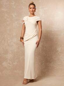 Lumalex 女士纯色圆领扭褶腰身优雅长款派对连衣裙 - 杏色 - 查看 8