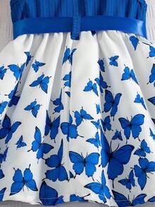 1件女婴夏季新款藏蓝色罗纹蝴蝶印花荷叶边下摆简约时尚可爱甜美无袖度假休闲连衣裙 - 藍色 - 查看 5